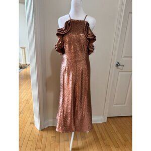 C/Meo Collective Womens Rose Gold Sequin Midi Dress With Ruffle Cold Shoulder De